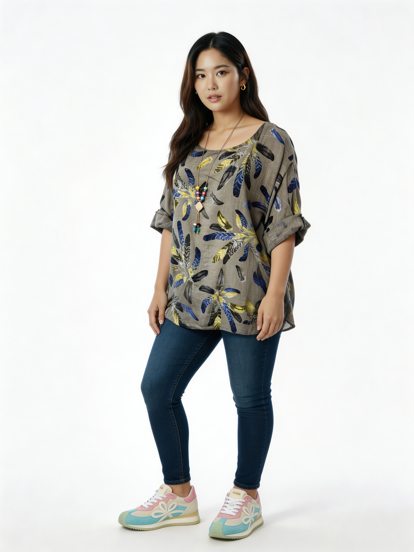 Feather Print Relaxed Linen-Blend Tunic Top - Taupe