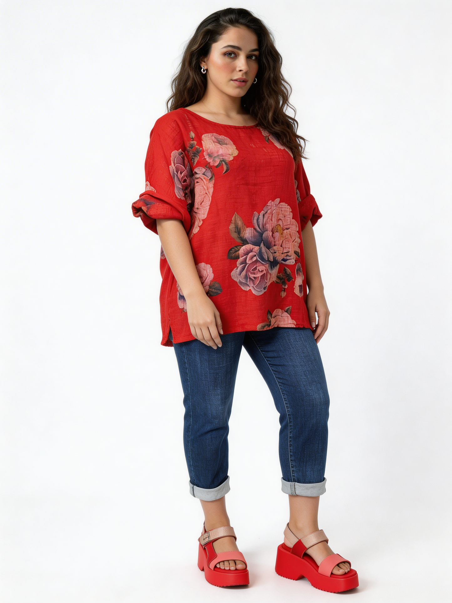 Large Bloom Floral Print Linen-Blend Top - Red