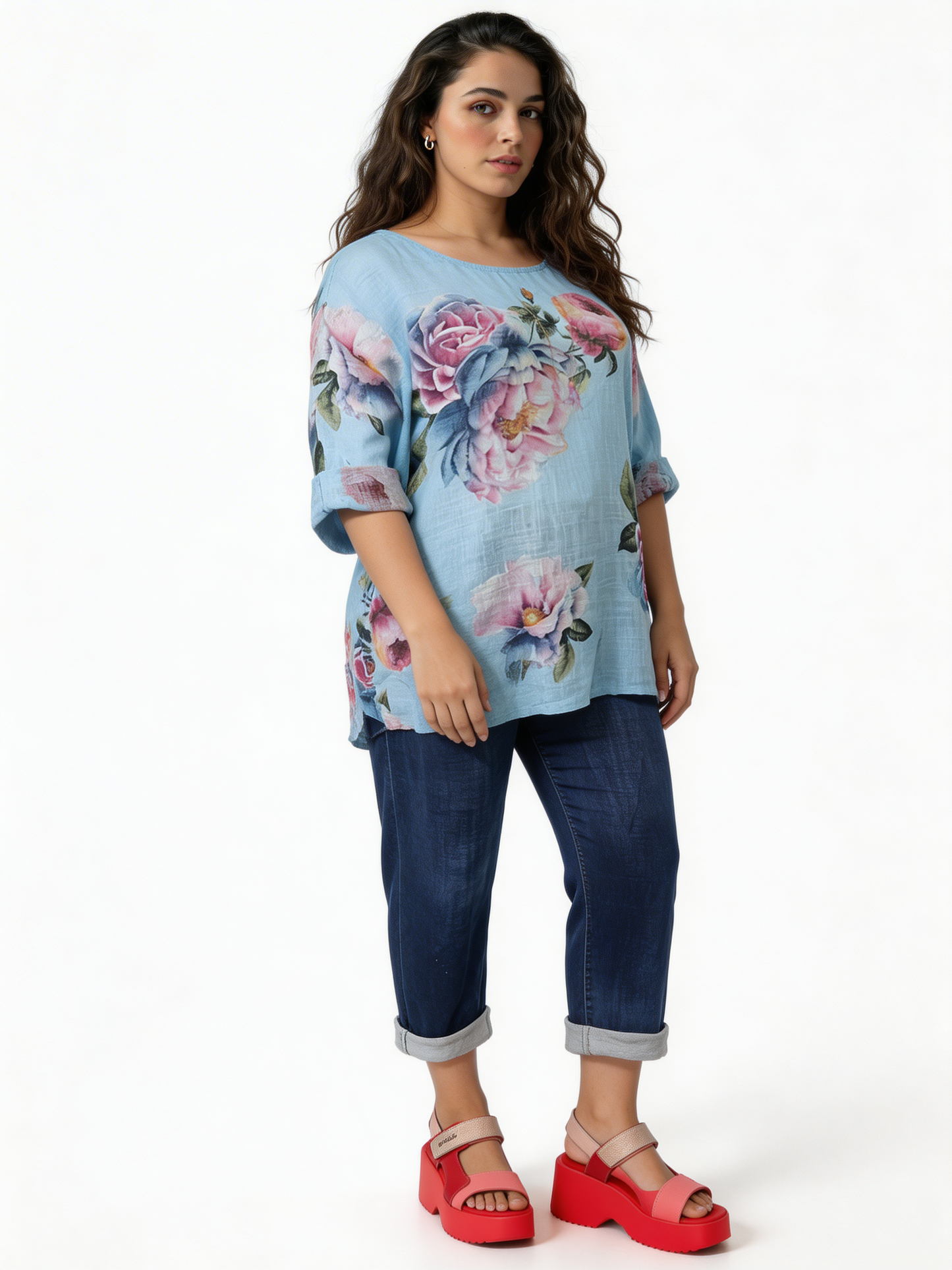 Large Bloom Floral Print Linen-Blend Top - Sky Blue