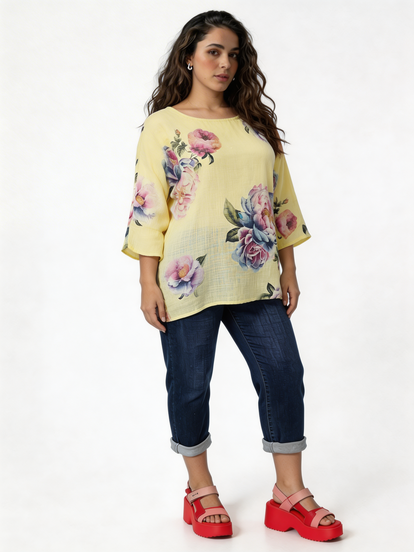 Large Bloom Floral Print Linen-Blend Top - Lemon