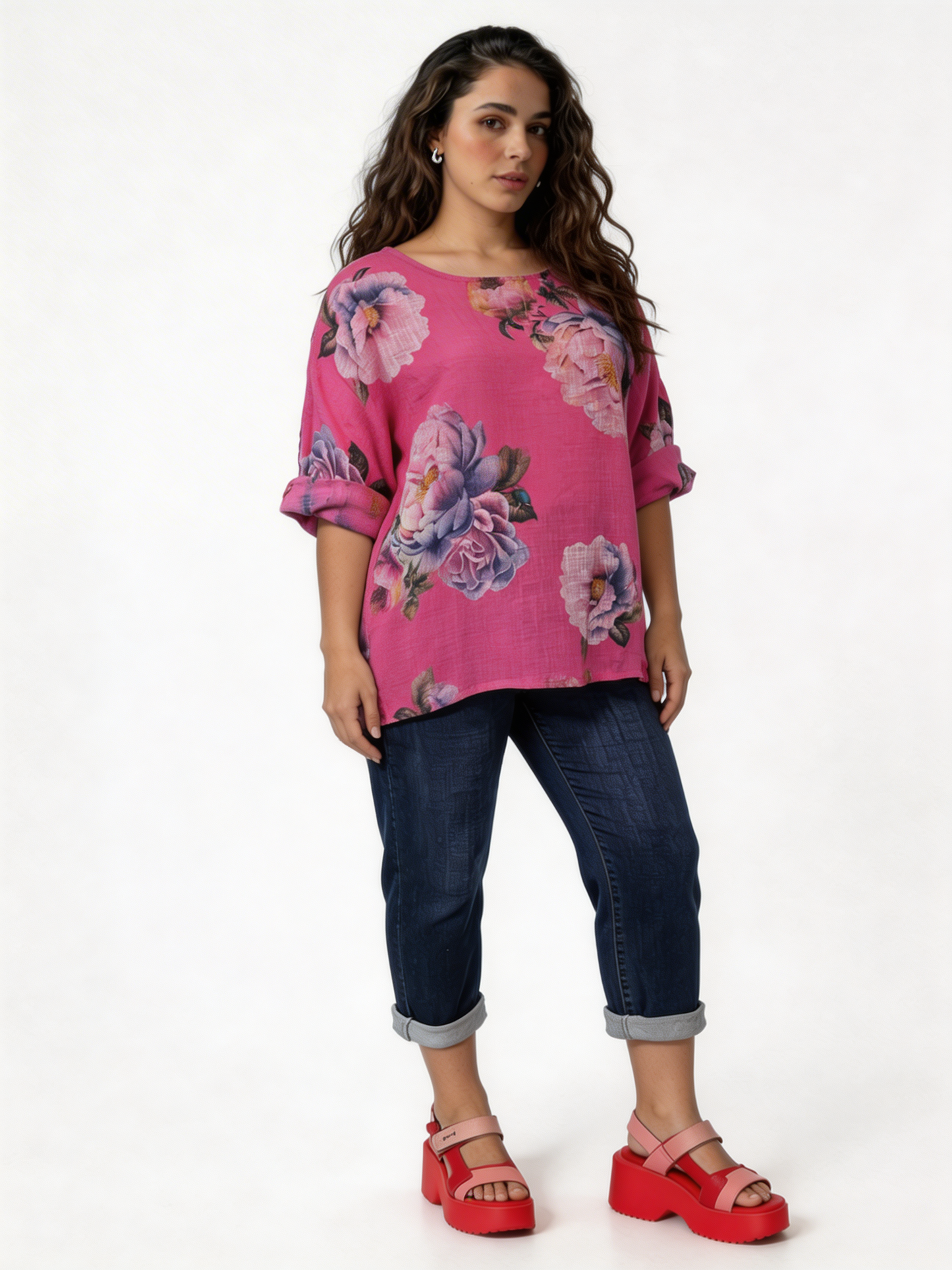 Large Bloom Floral Print Linen-Blend Top - Fuchsia