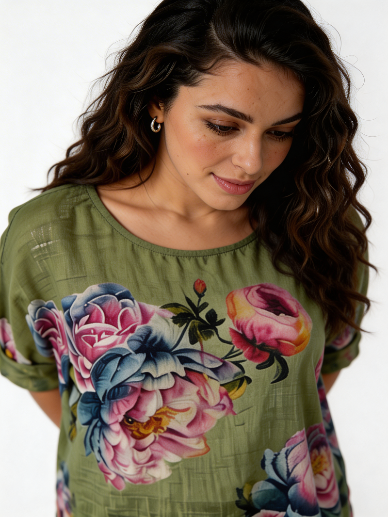 Large Bloom Floral Print Linen-Blend Top - Khaki