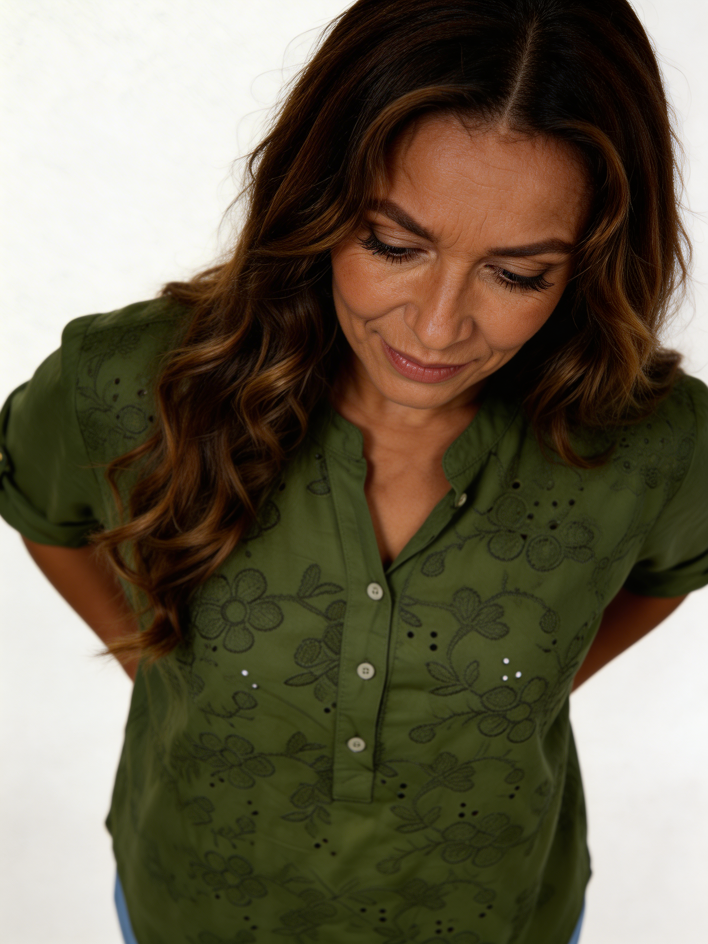 FLORAL EMBROIDERED COTTON SHIRT TOP - KHAKI