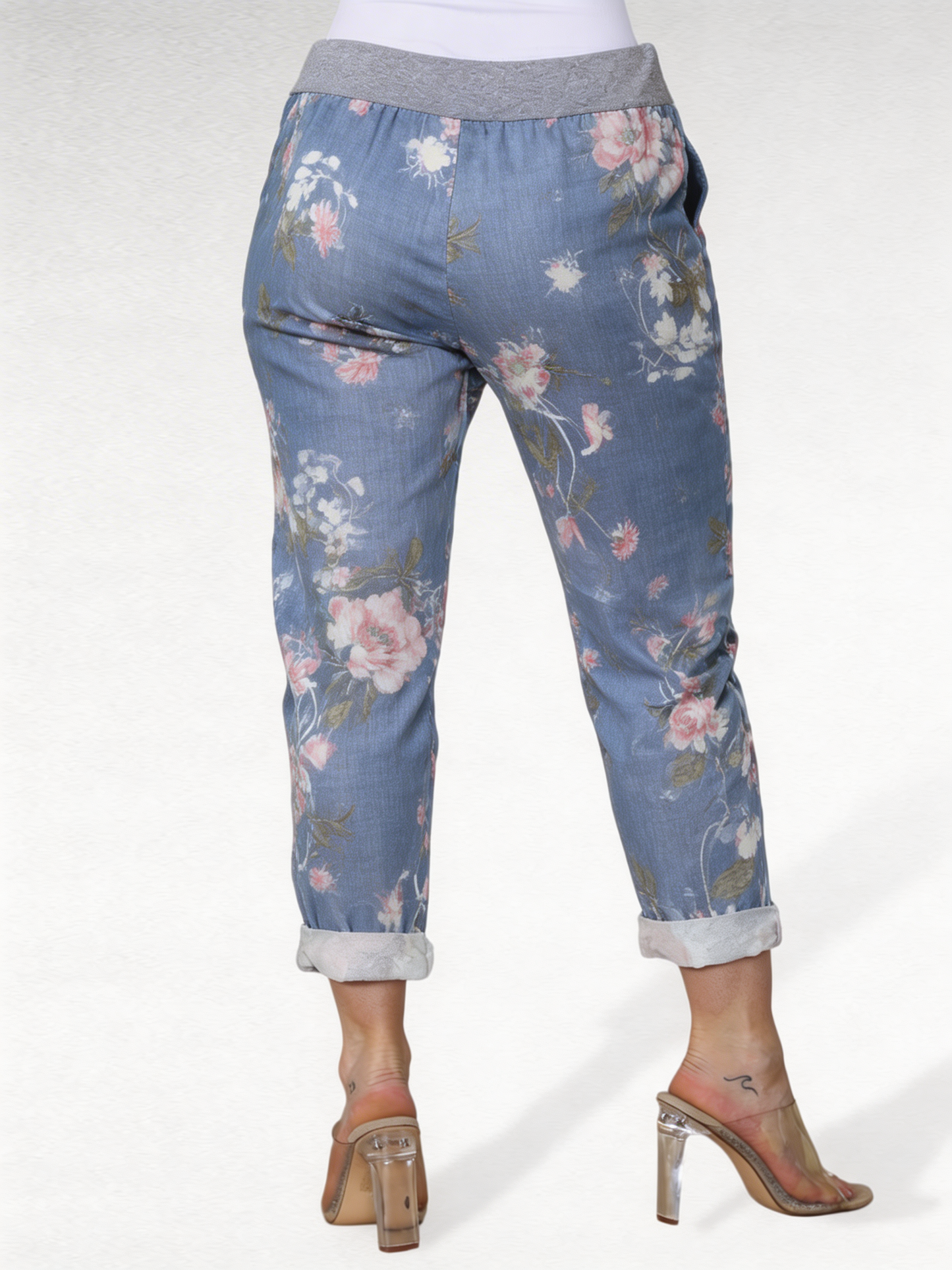Floral Print Cropped Jogger Trousers with Elasticated Waist - Light Denim