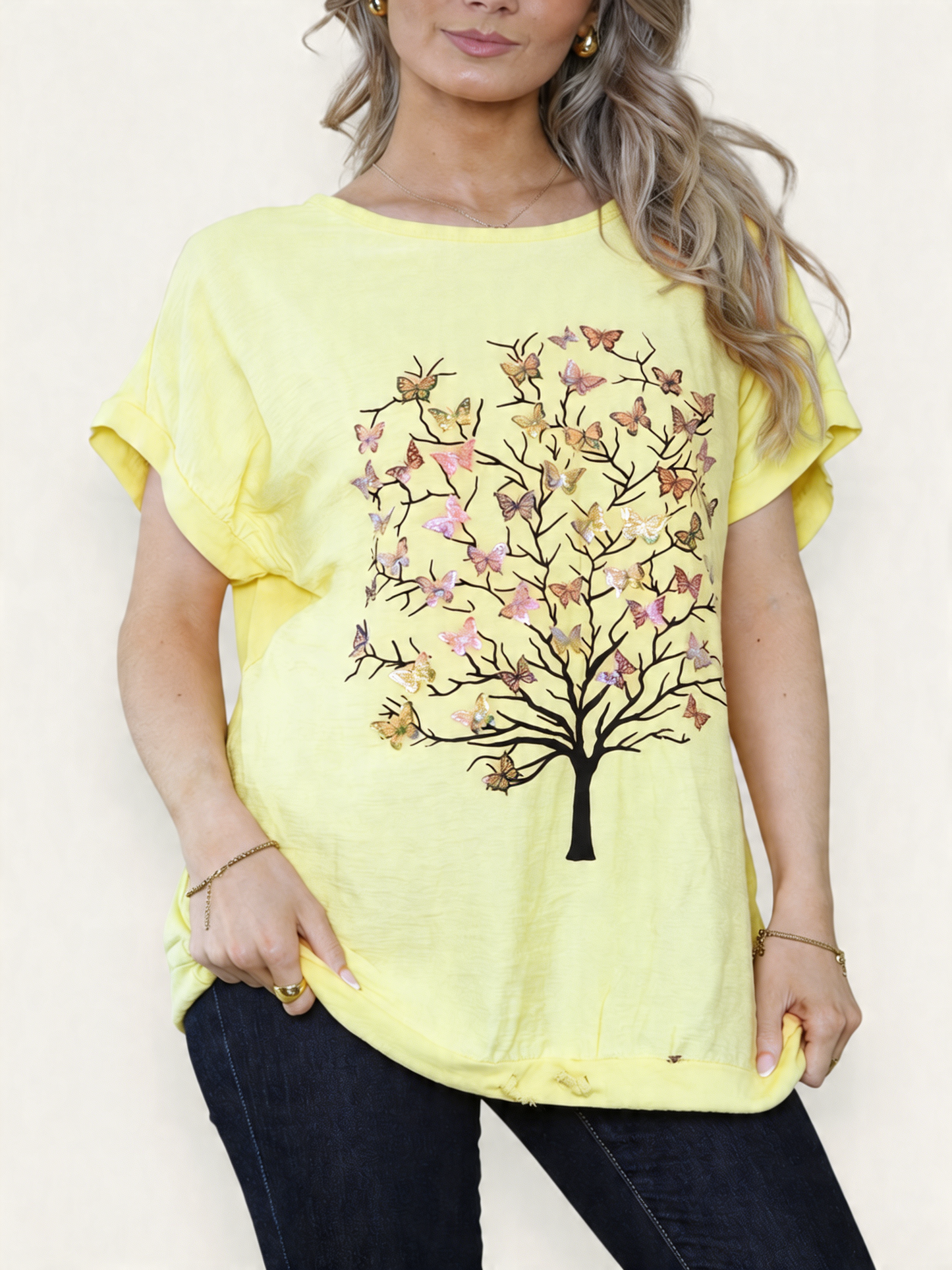 BUTTERFLY TREE FOIL GRAPHIC TOP LEMON