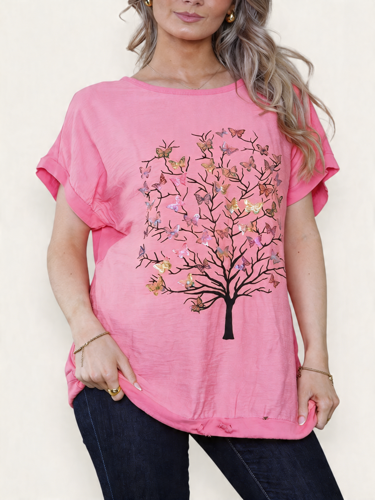 VLINDERBOOM FOLIE GRAPHISCH TOP BUBBELGUM ROZE
