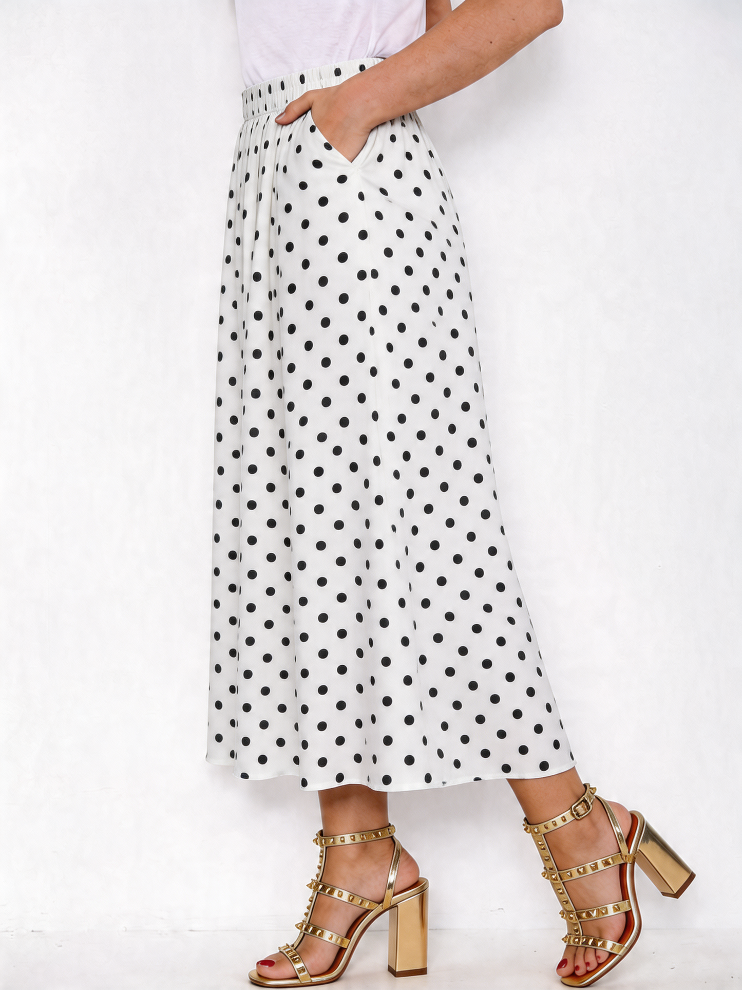 Polka Dot Midi Skirt - White