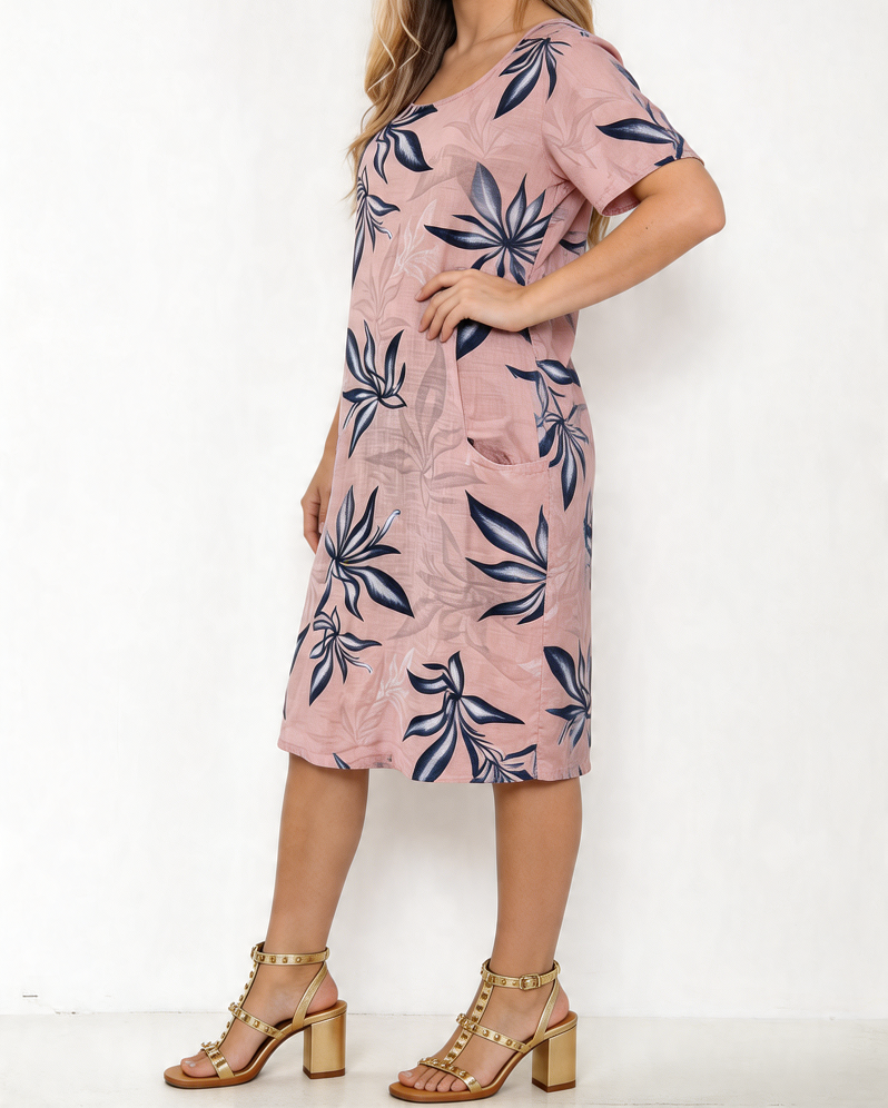 Tropical Leaf Print Linen Midi Dress - Dusty Pink