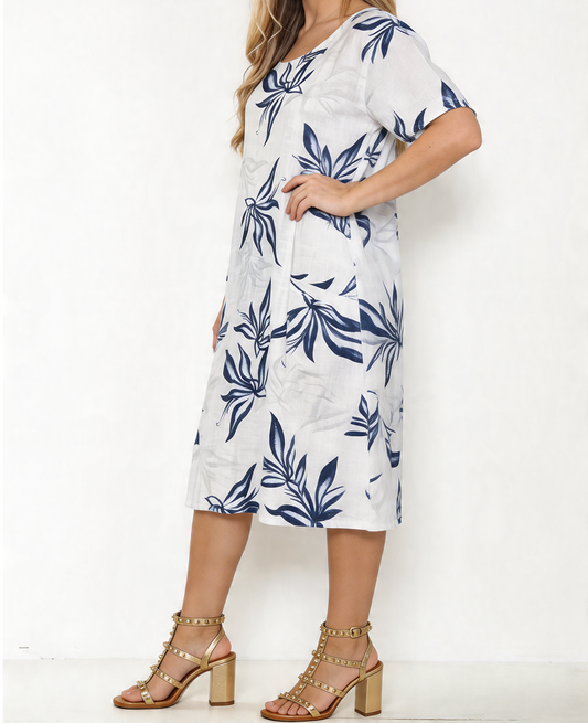 Tropical Leaf Print Linen Midi Dress - White