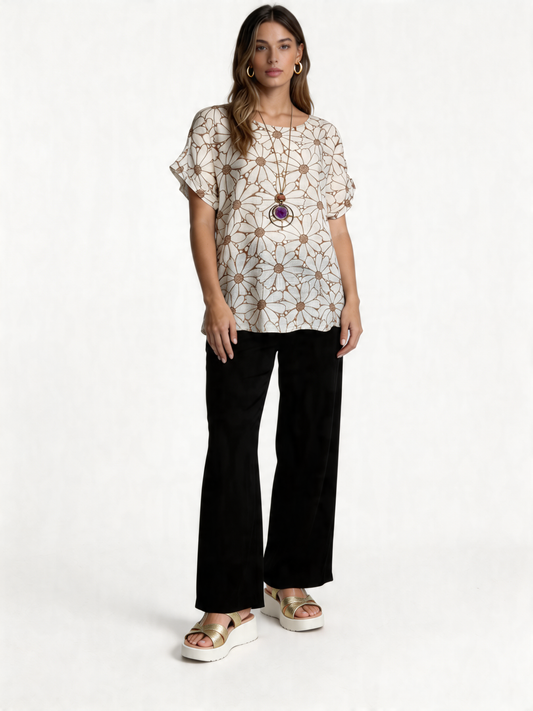 Retro Daisy Print Oversized Top - Beige