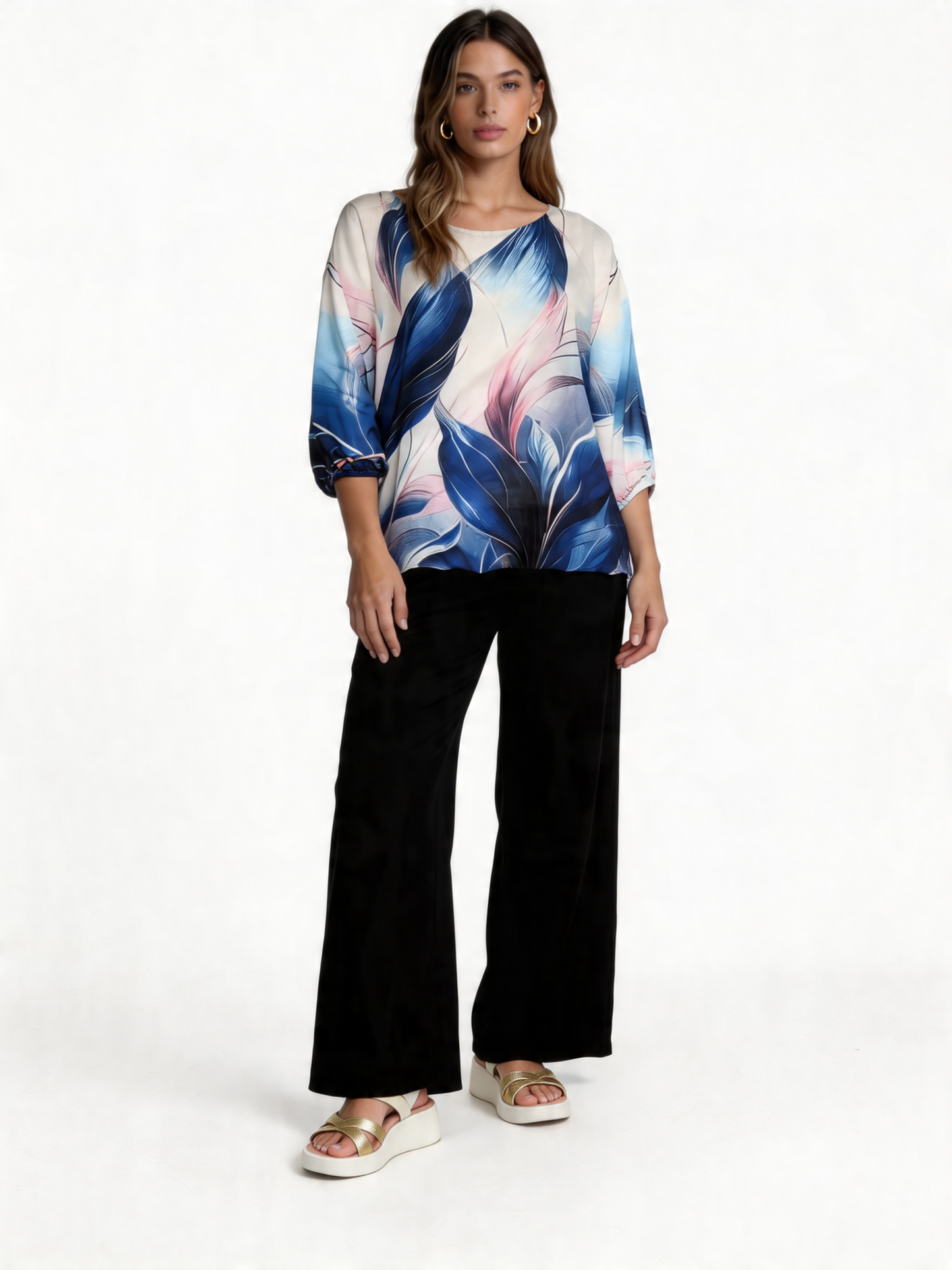 Tropical Bloom Floral Print Batwing Blouse 3/4 Sleeve - Royal Blue