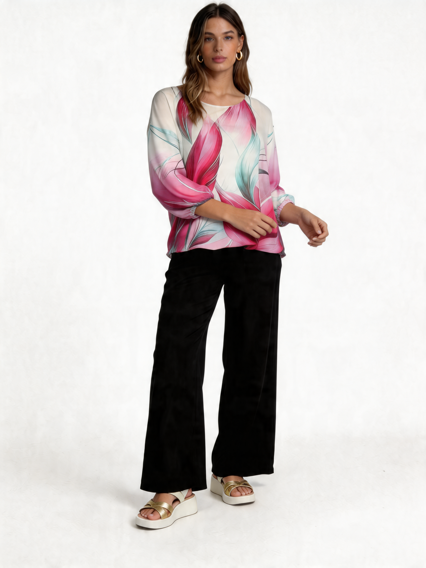 Tropical Bloom Floral Print Batwing Blouse 3/4 Sleeve - Fuchsia