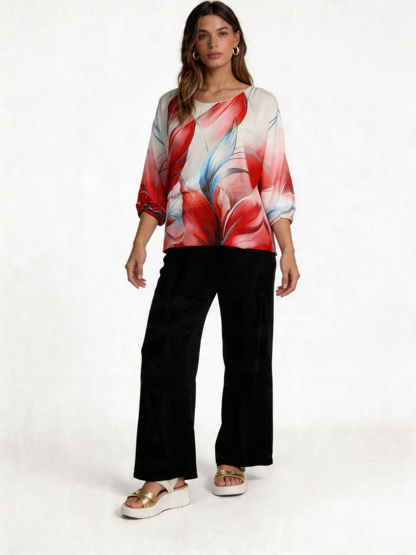 Tropical Bloom Floral Print Batwing Blouse 3/4 Sleeve - Coral