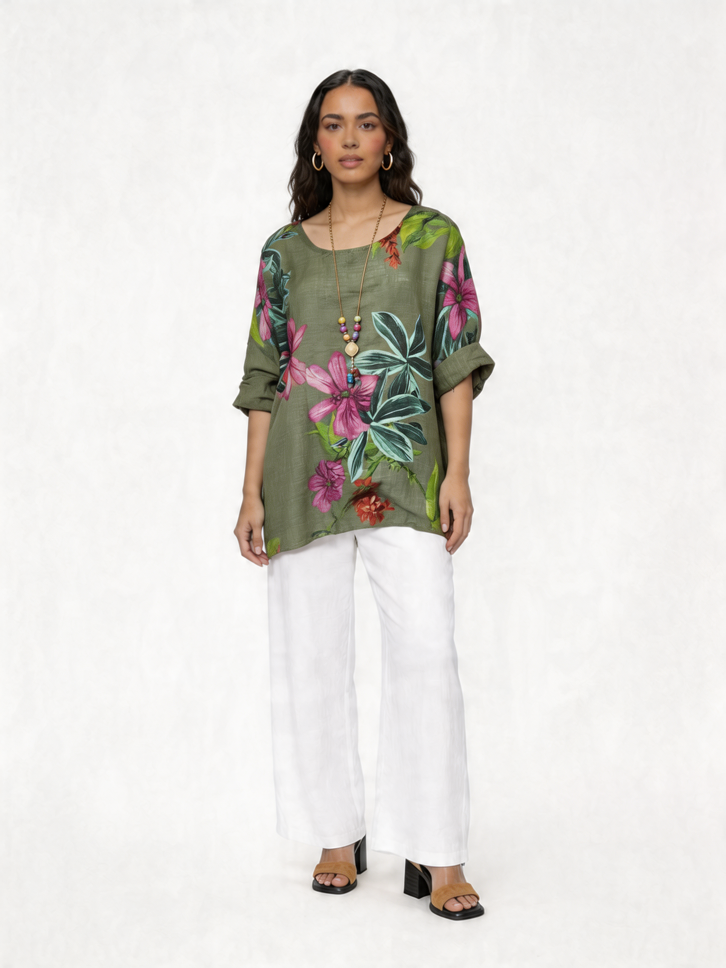 Botanical Garden Floral Print Linen Tunic Top - Khaki