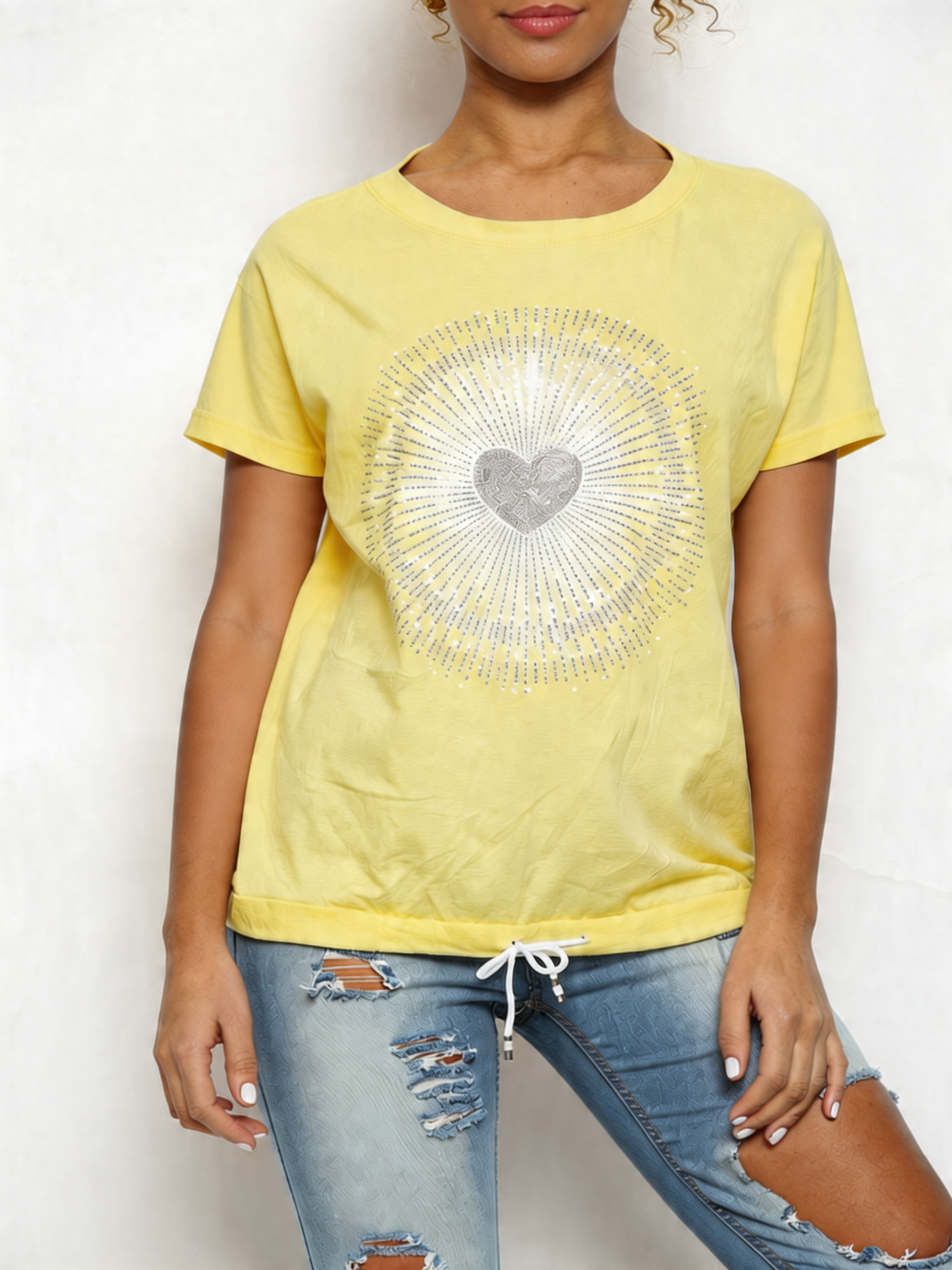 Ladies Sequin Heart Graphic Drawstring Hem Top Lemon