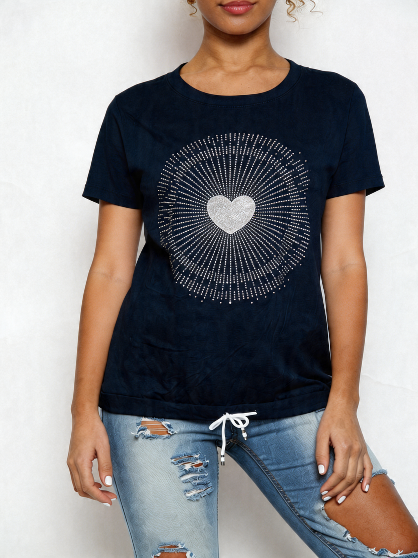 Ladies Sequin Heart Graphic Drawstring Hem Top Navy