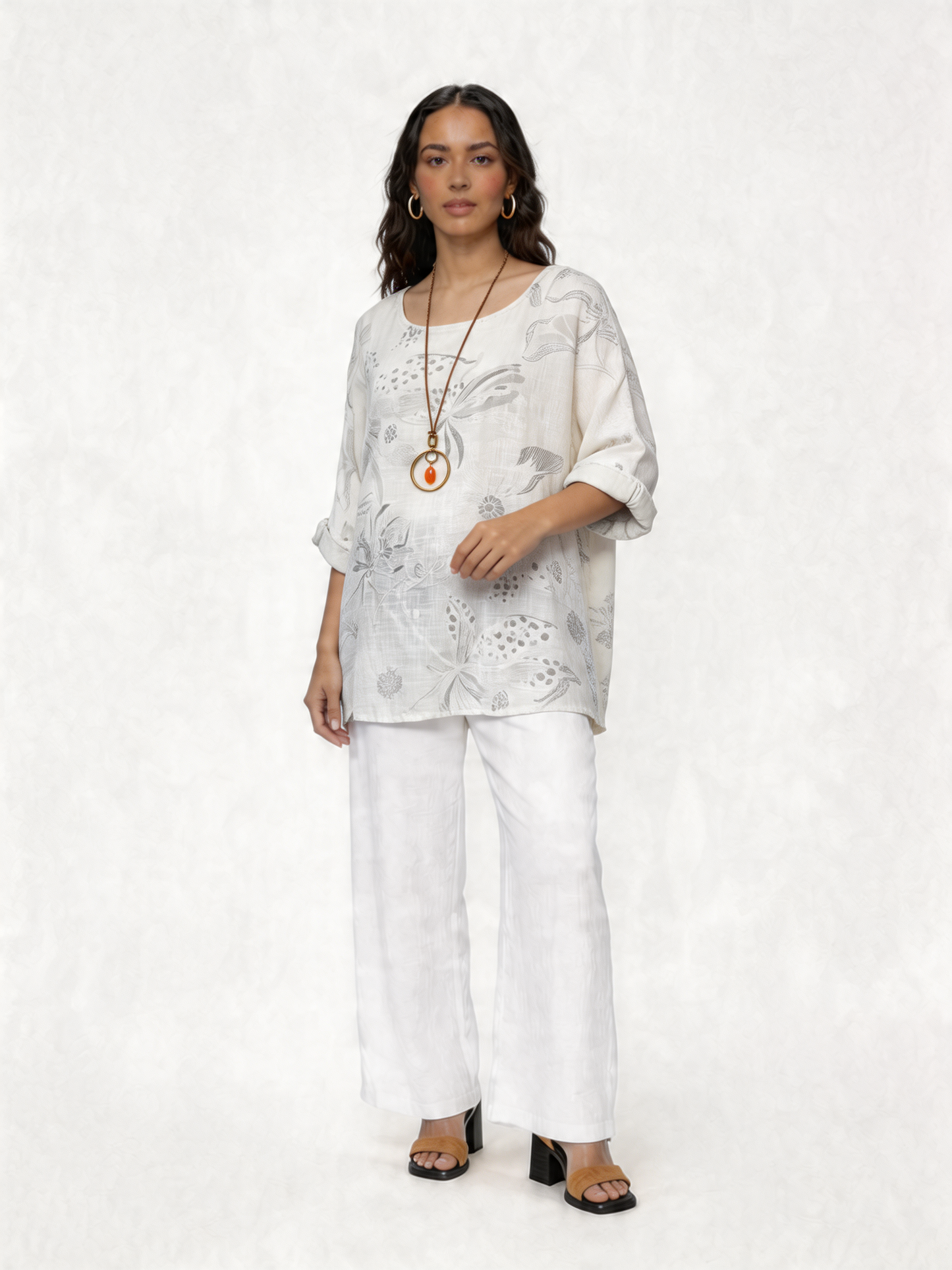 Botanical Bloom Oversized Linen-Look Top - White