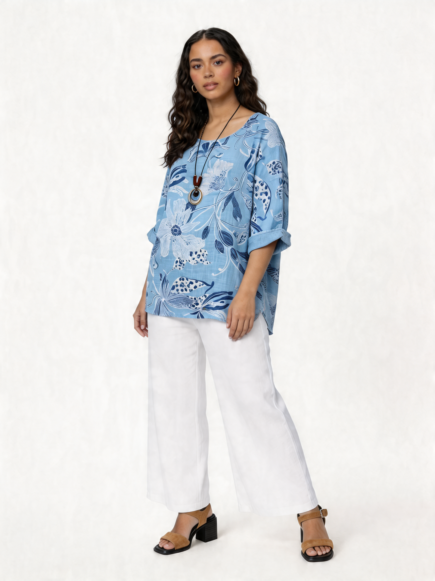 Botanical Bloom Oversized Linen-Look Top - Sky Blue