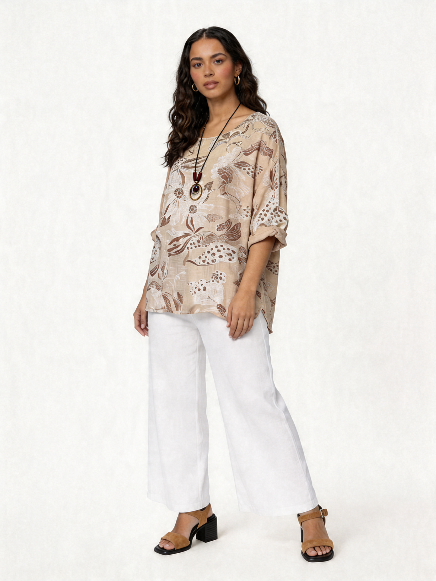 Botanical Bloom Oversized Linen-Look Top - Beige