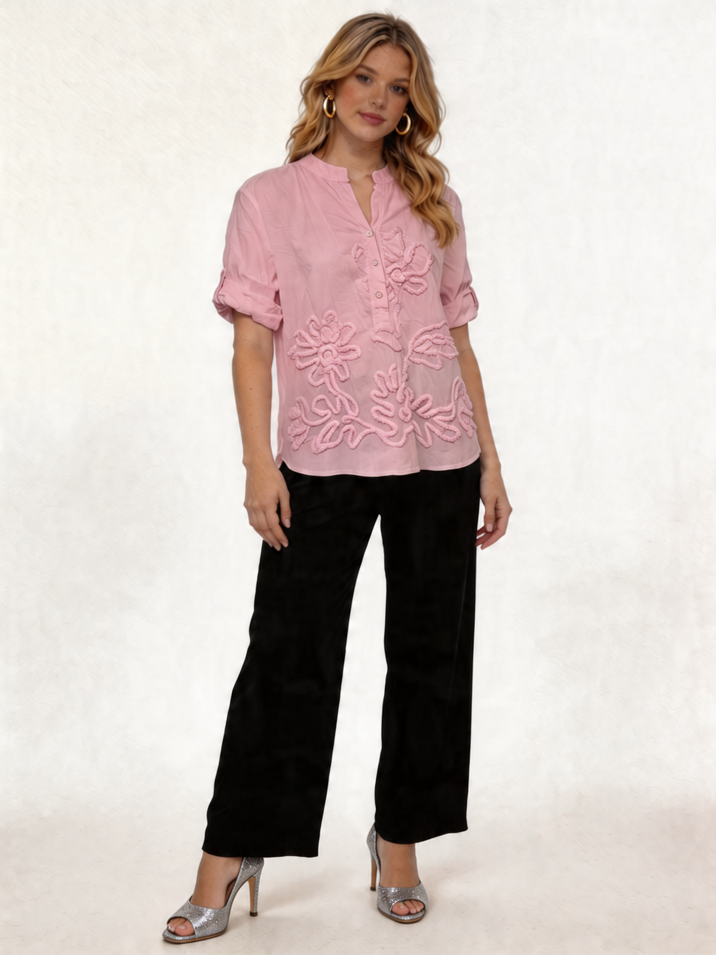 Cotton Blouse with Tonal Floral Embroidery - Pink