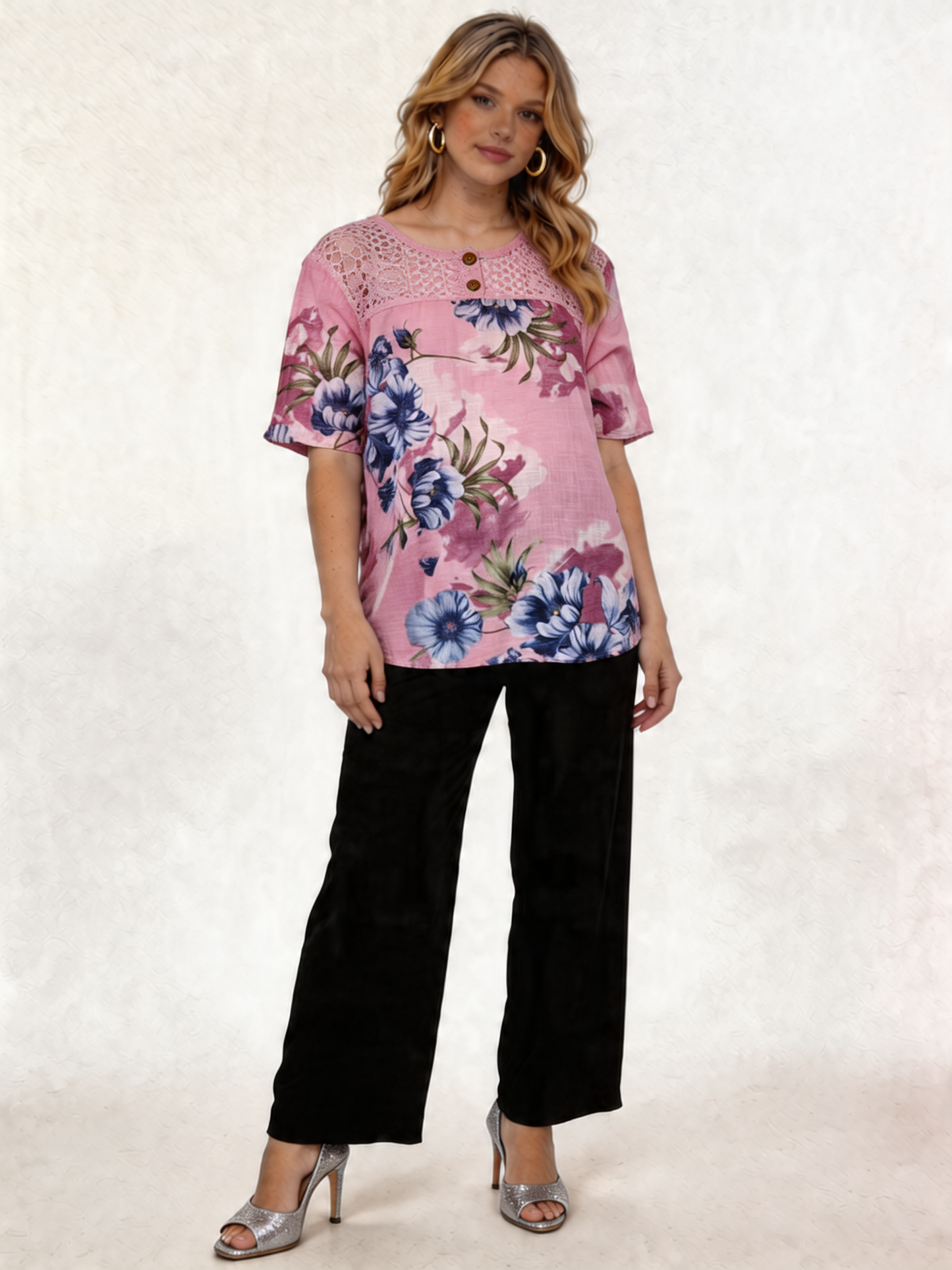 Floral Print Linen-Look Top with Crochet Lace Yoke - Pink