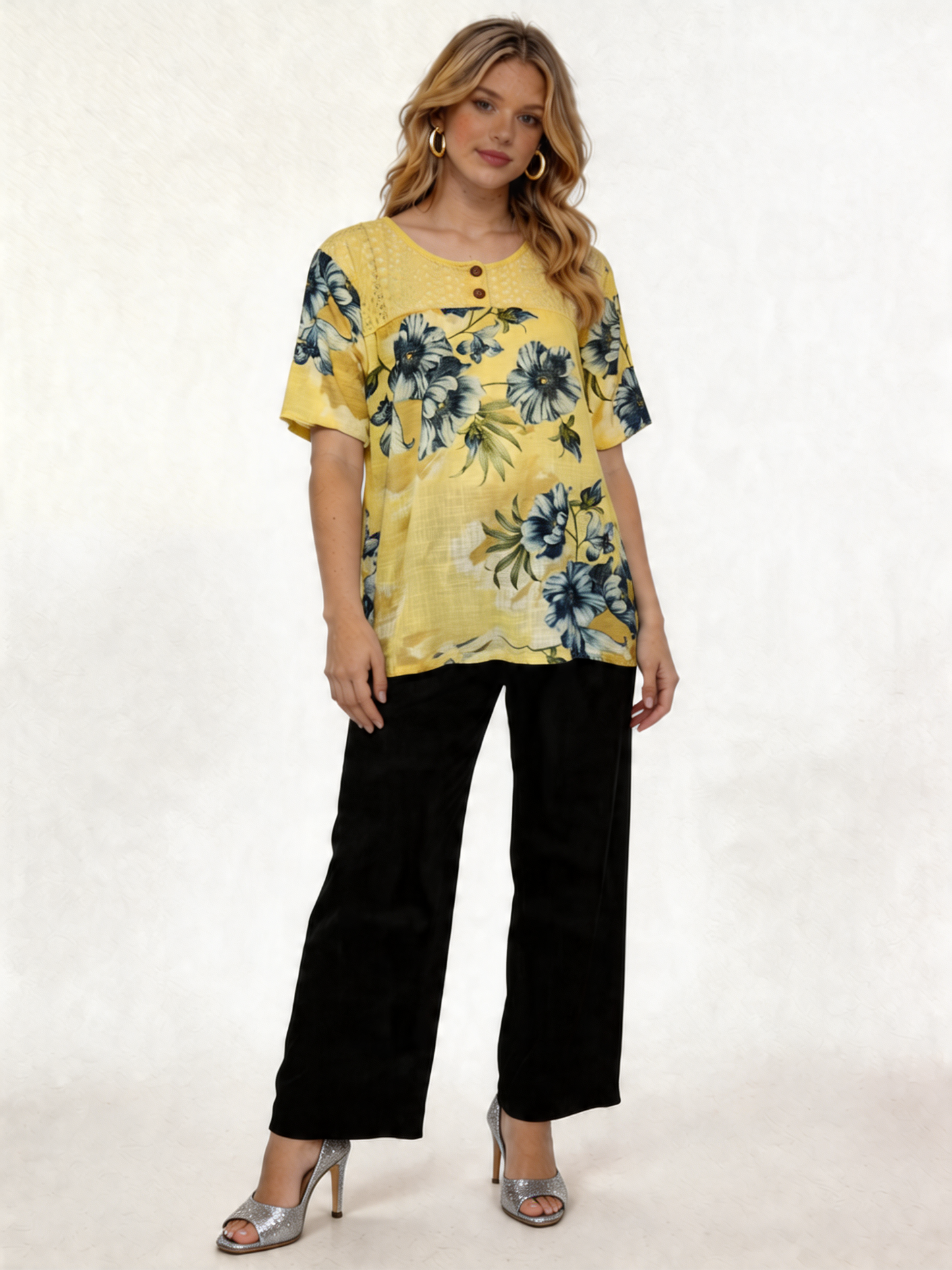 Floral Print Linen-Look Top with Crochet Lace Yoke - Lemon