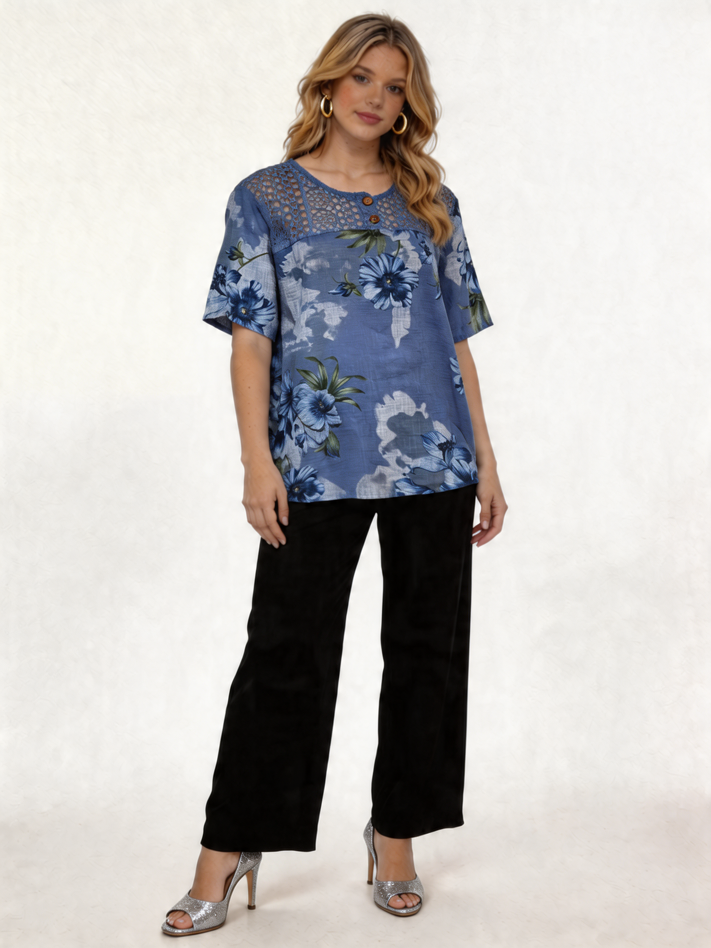 Floral Print Linen-Look Top with Crochet Lace Yoke - Denim