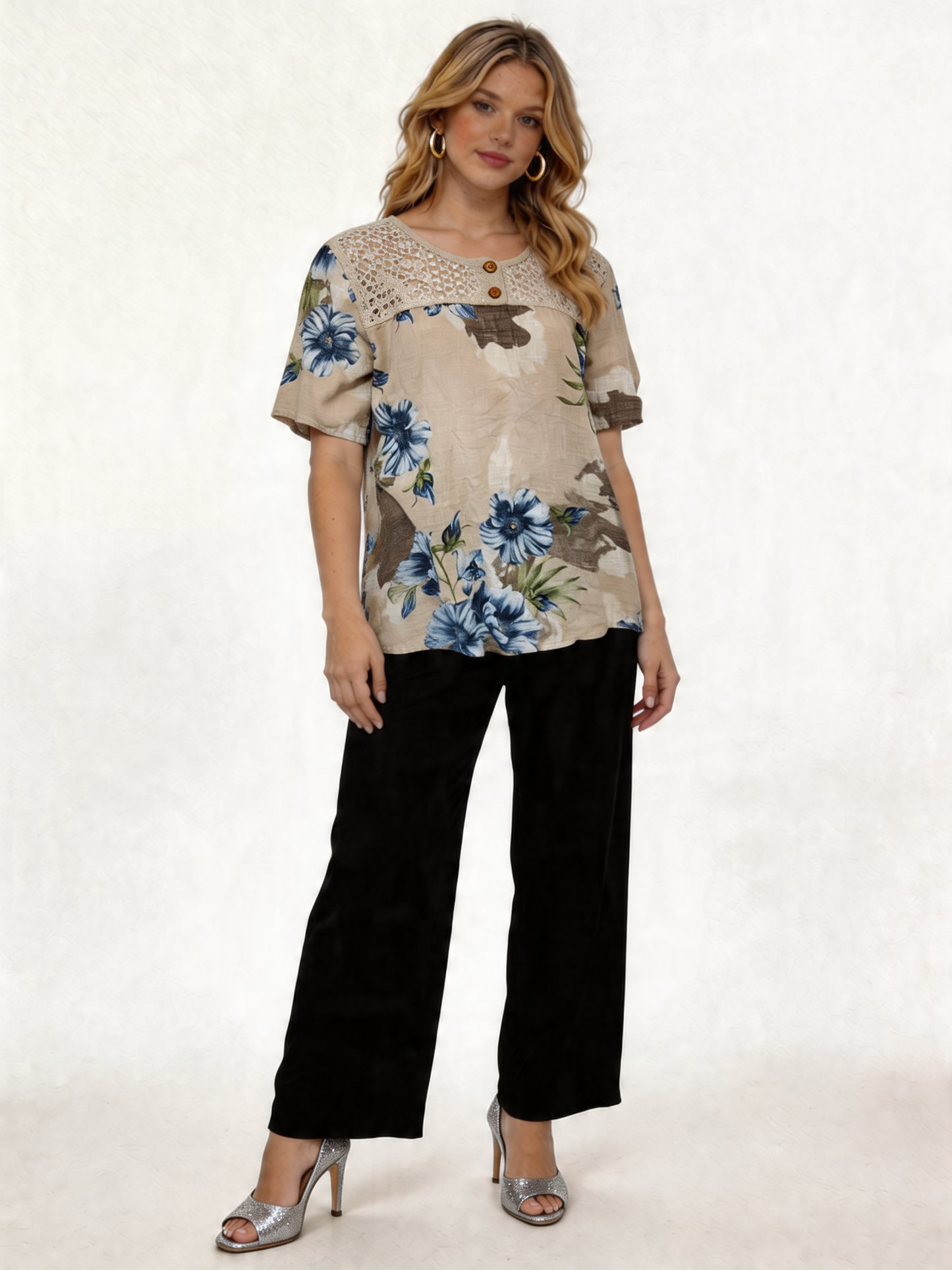 Floral Print Linen-Look Top with Crochet Lace Yoke - Beige