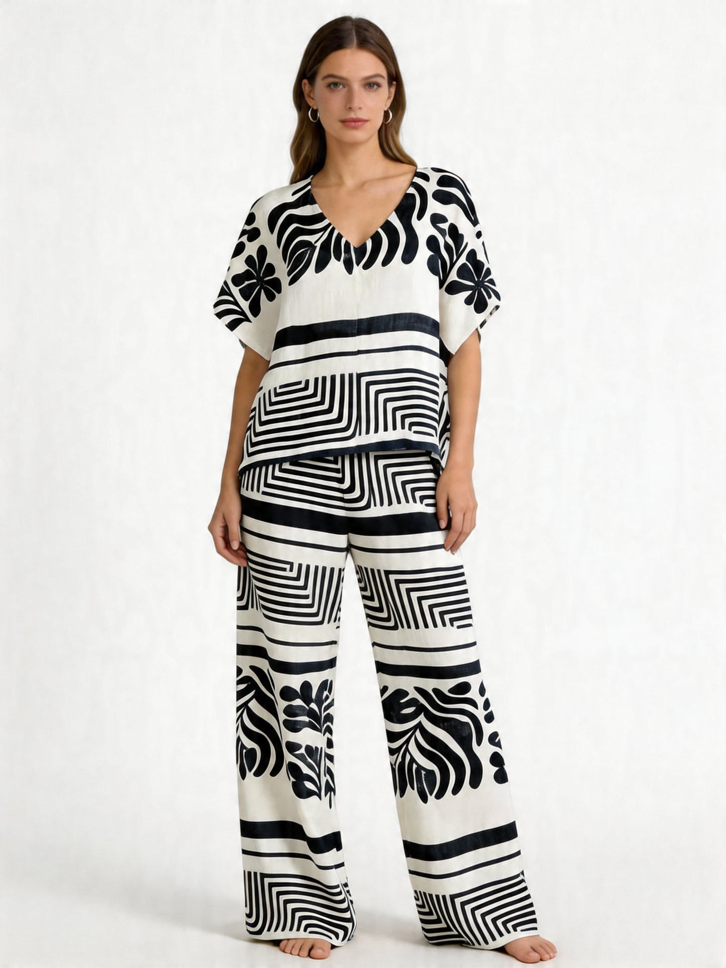 Floral Geometric Print Kaftan Top & Wide-Leg Trousers Co-Ord Set - Black