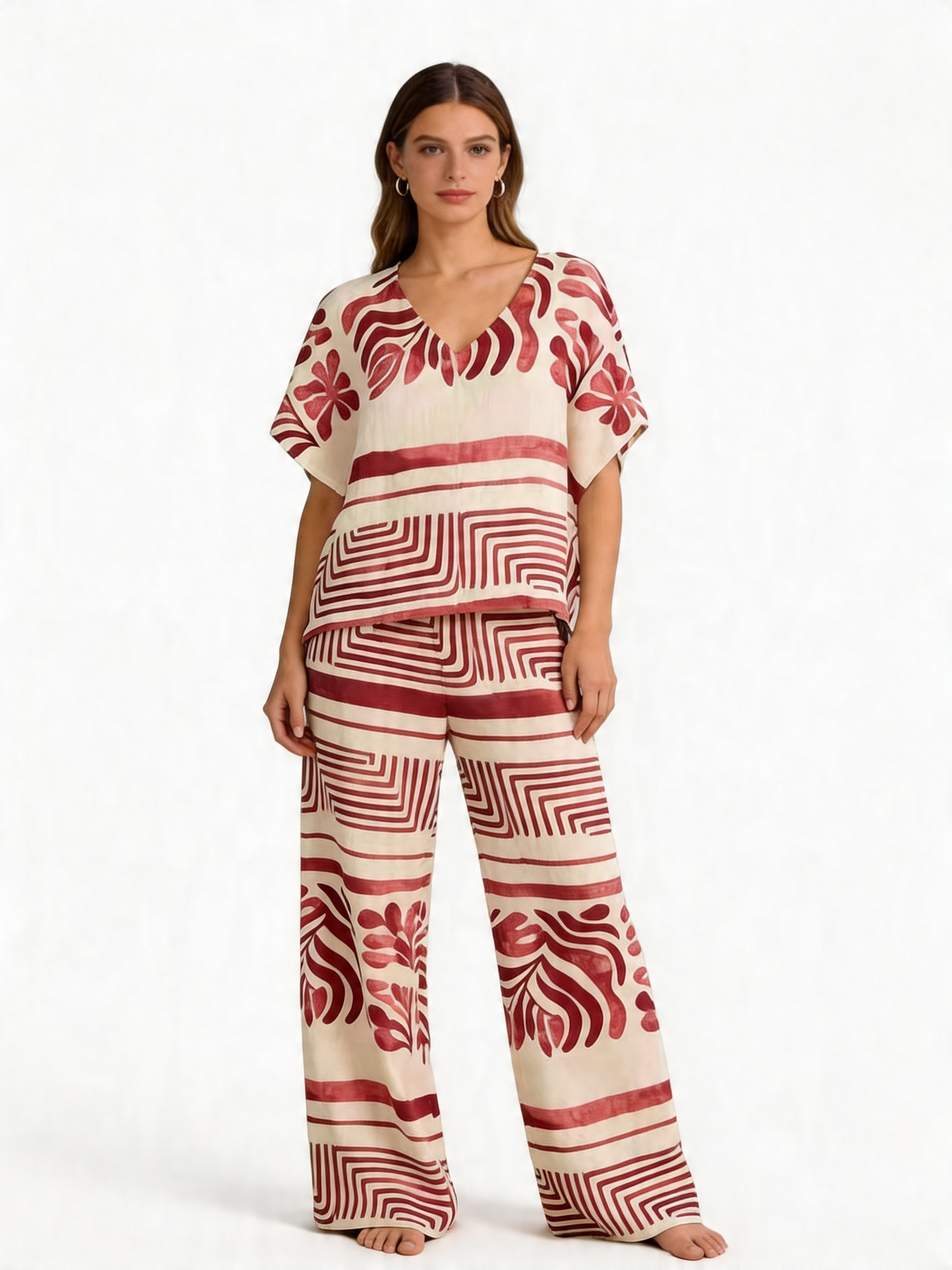 Floral Geometric Print Kaftan Top & Wide-Leg Trousers Co-Ord Set - Coral