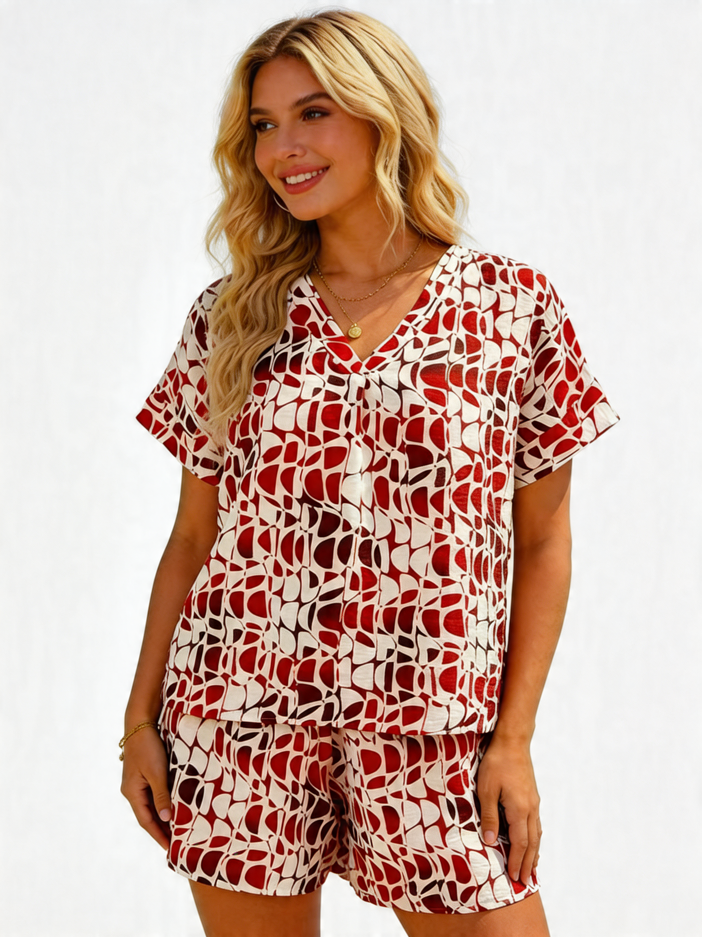 Abstract Geometric Print V-Neck Oversized Top and shorts (FULL SET)- Coral