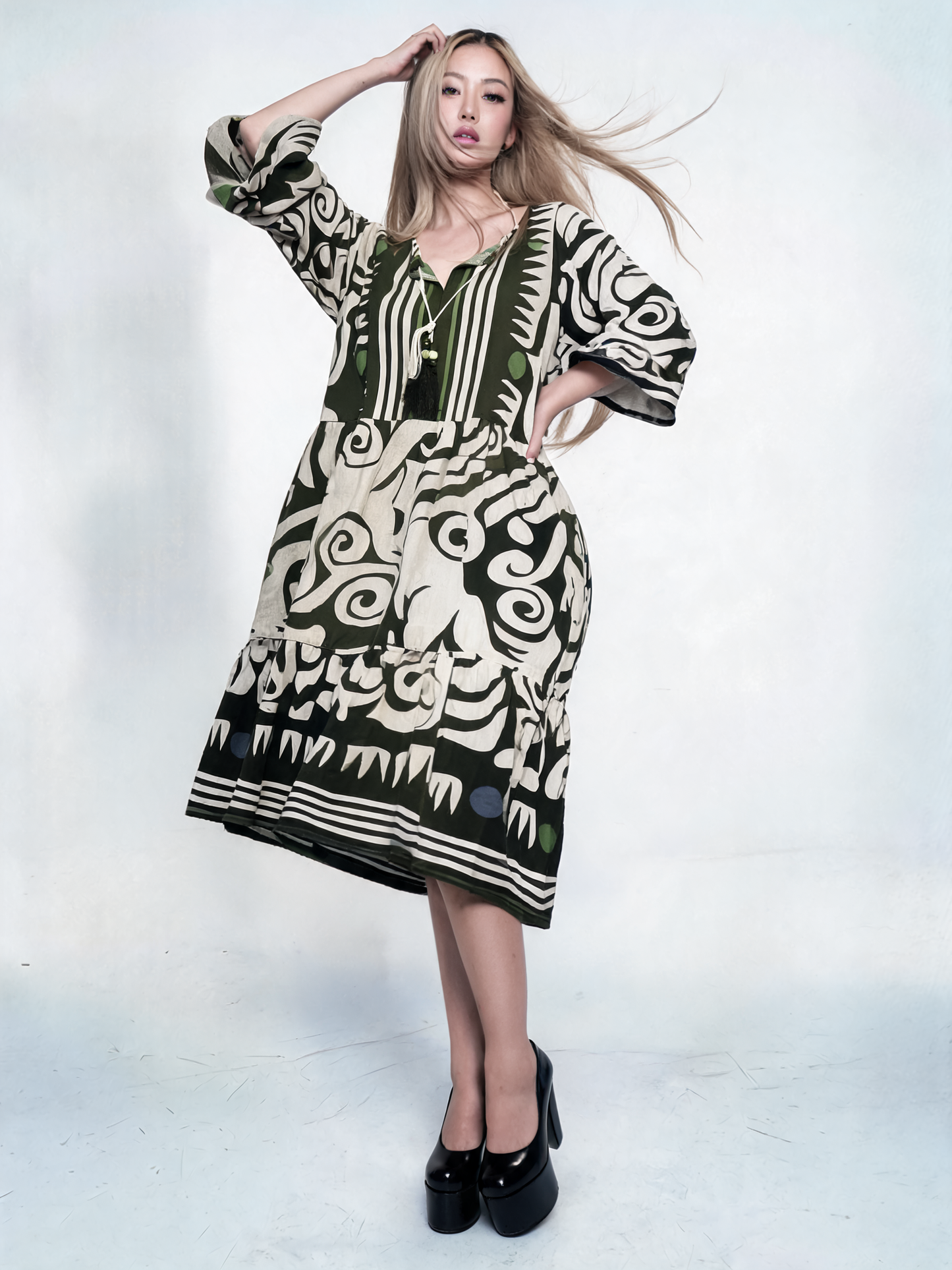 Monochrome Tribal Print Boho Midi Dress - Khaki