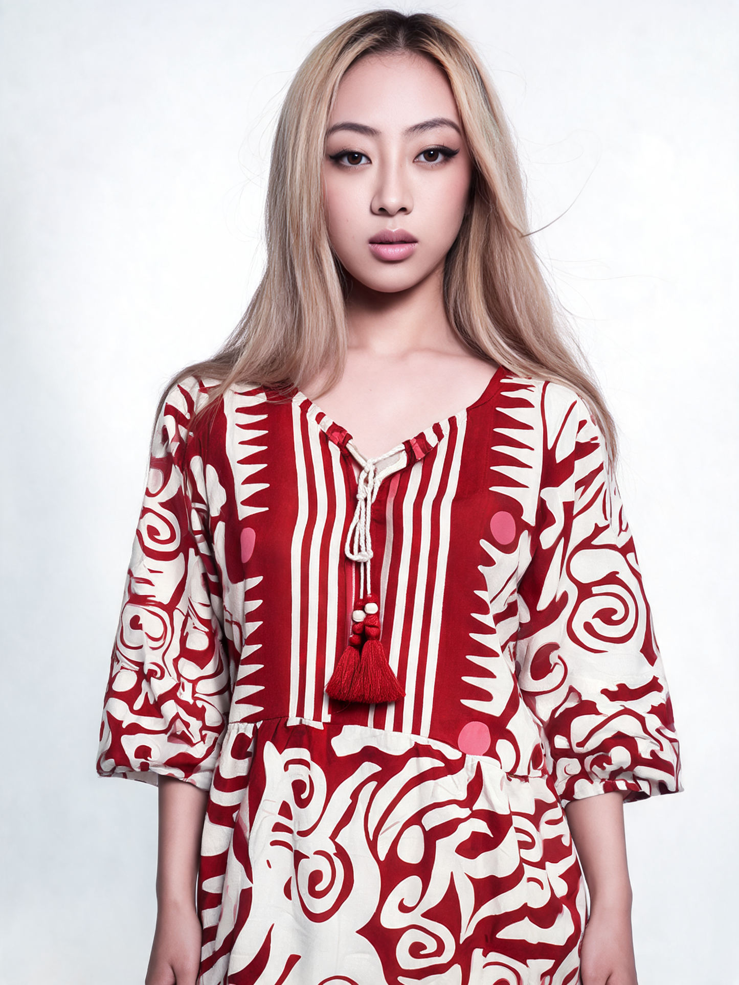 Monochrome Tribal Print Boho Midi Dress - Red