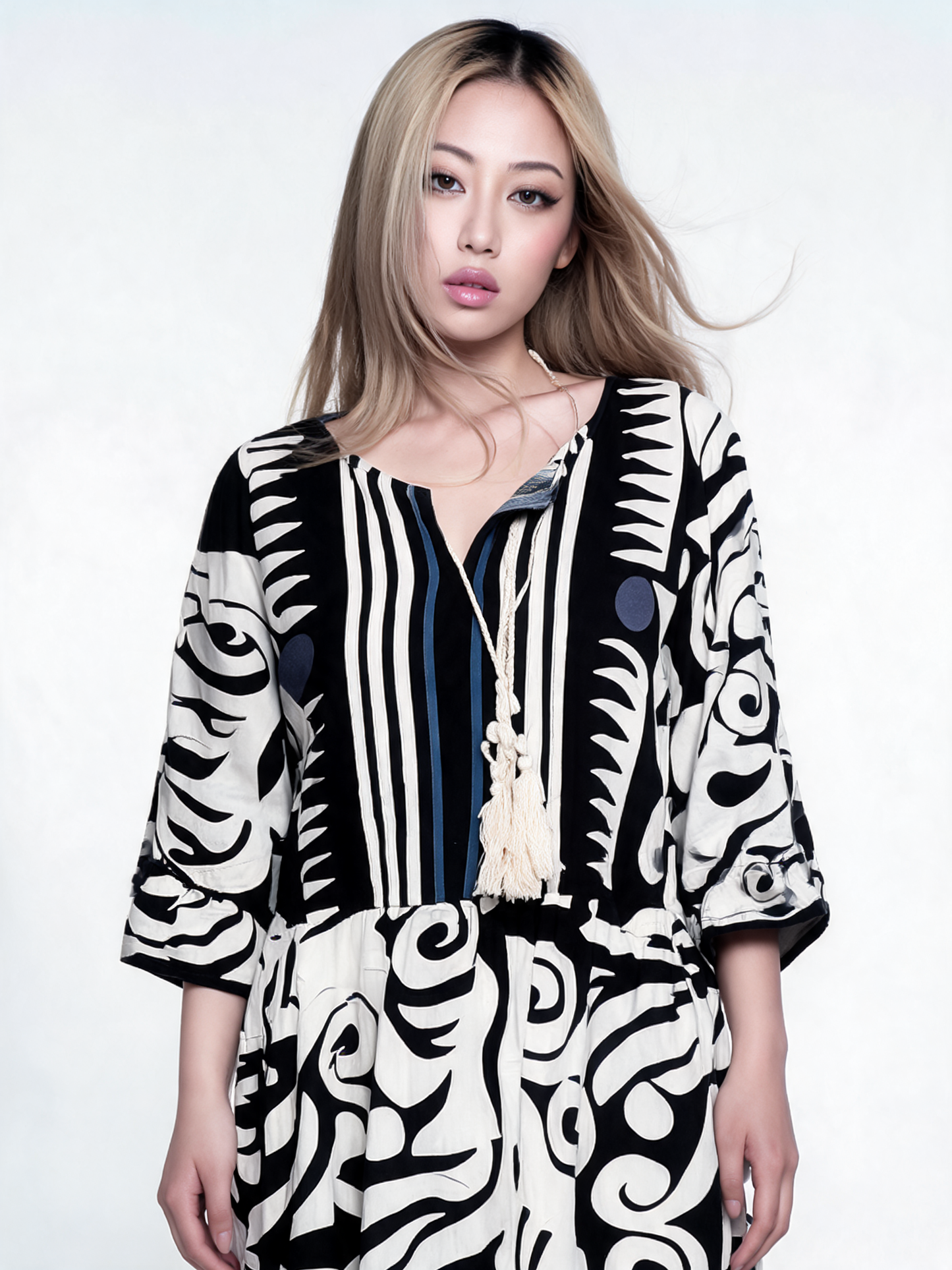 Monochrome Tribal Print Boho Midi Dress - Black