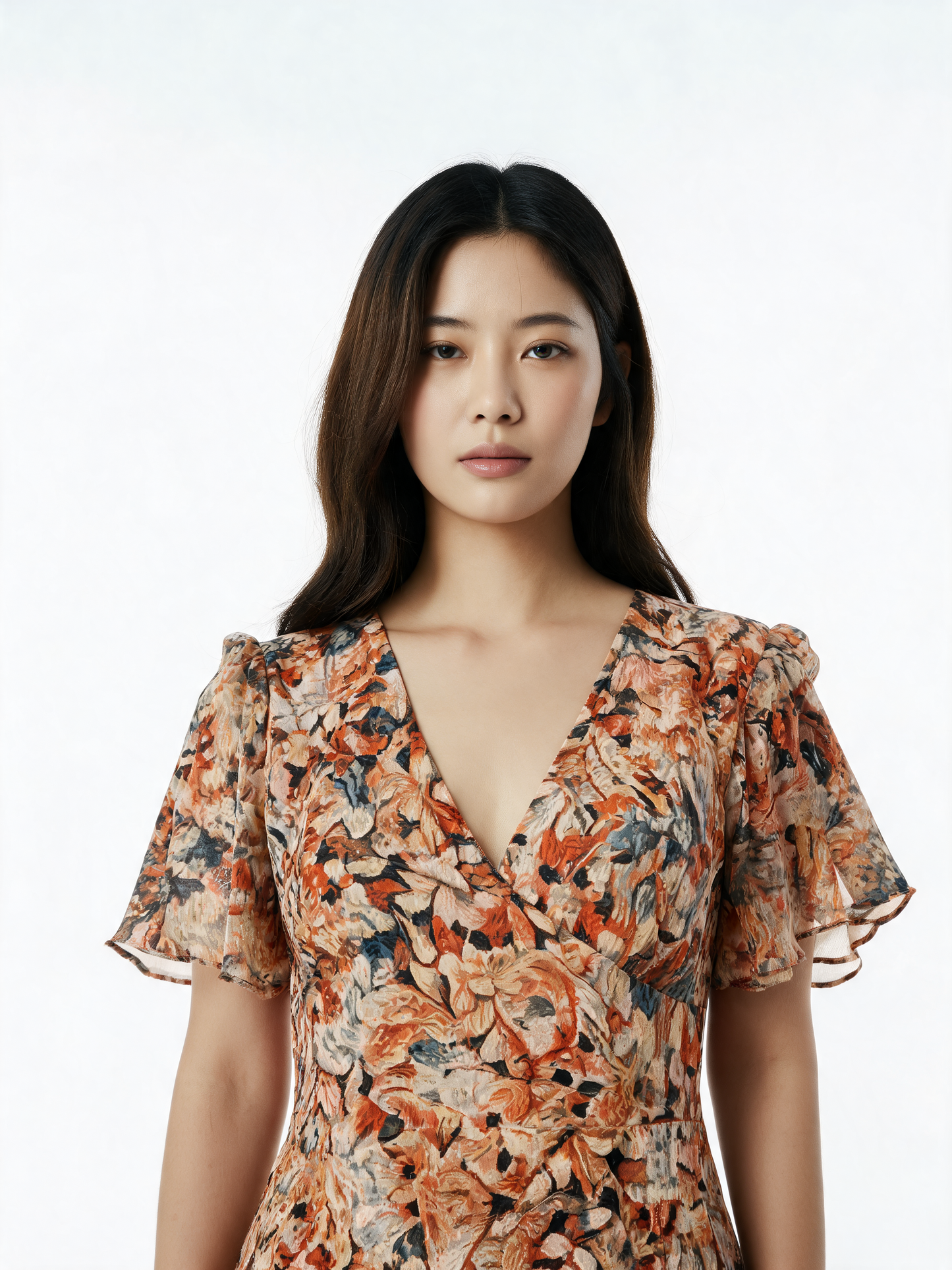 Floral Chiffon Dress – V-Neck Flutter Sleeve Dress - Multicolour