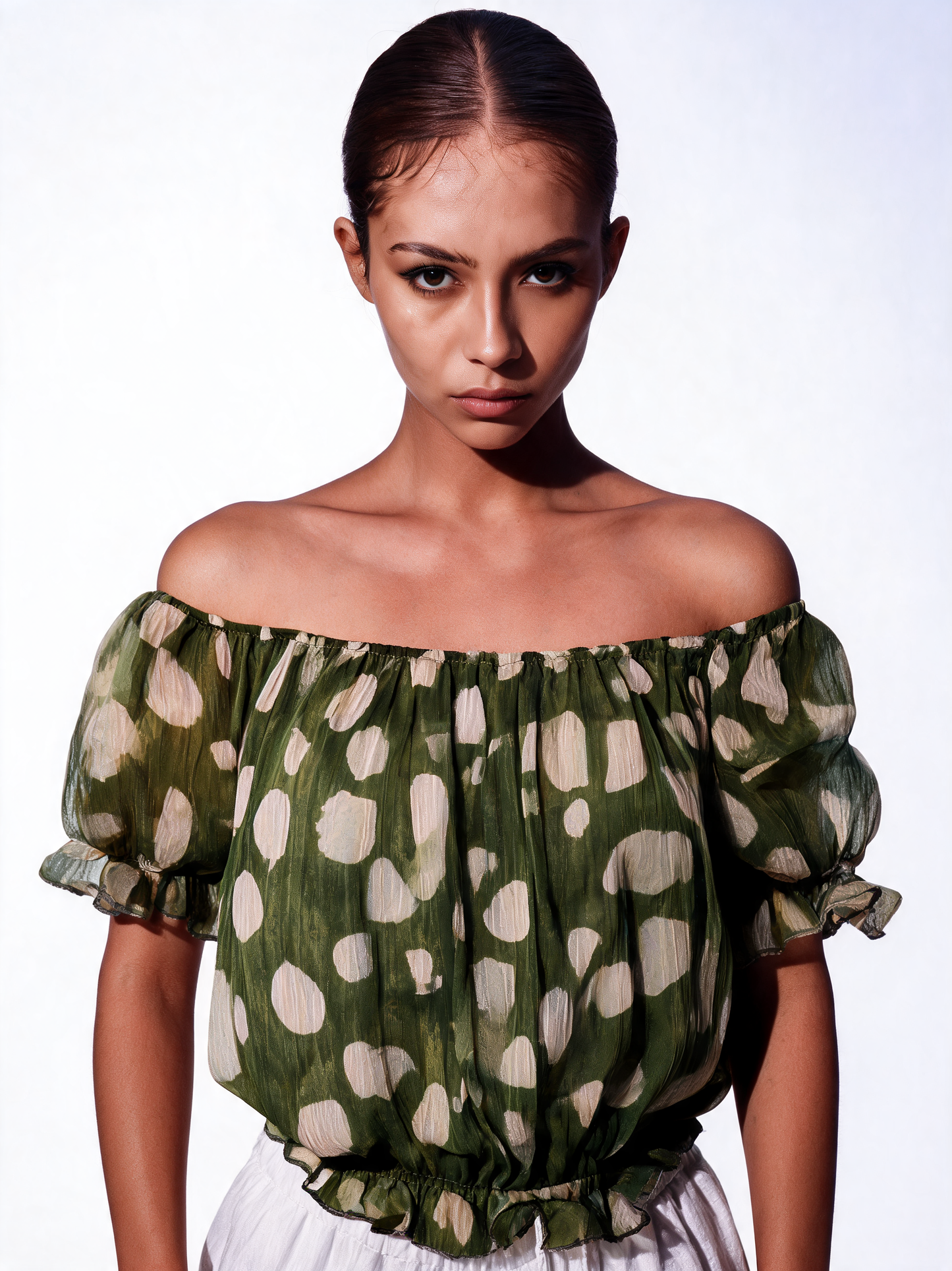 Polkadot chiffon boerenblouse - Kaki