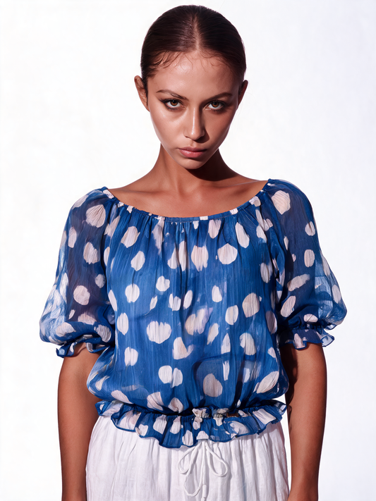 Polka Dot Chiffon Peasant Blouse - Sky Blue