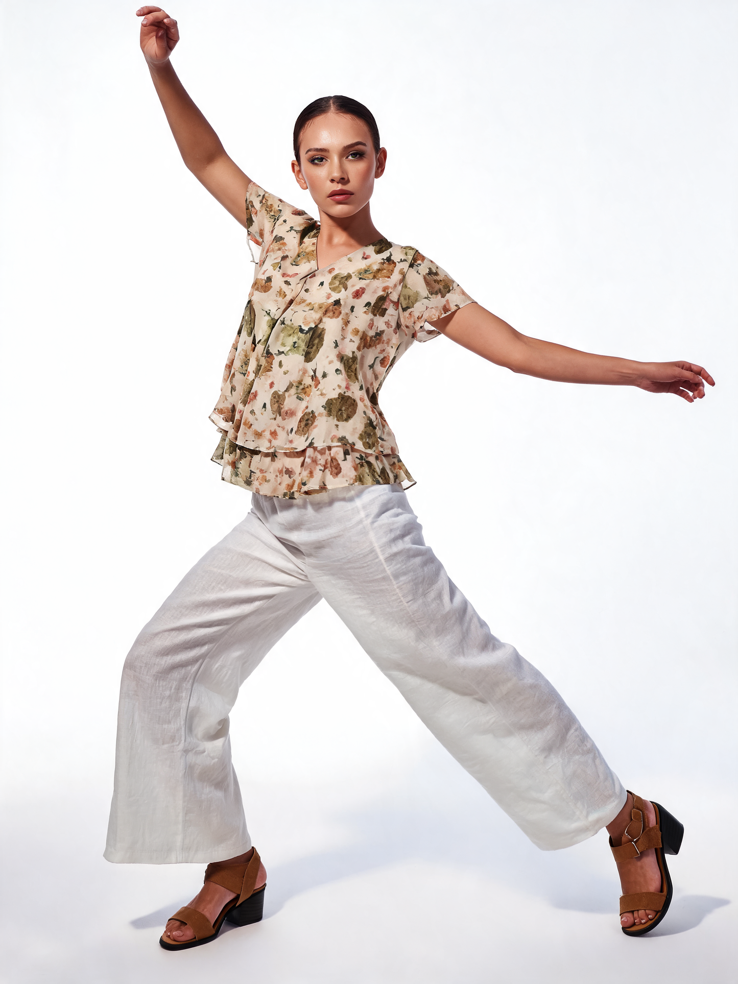 Botanical Reverie Watercolour Floral Tiered Chiffon Blouse - Khaki