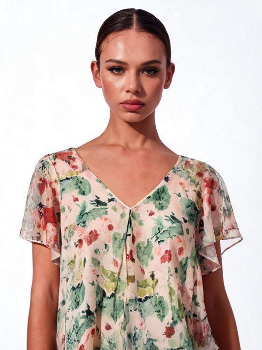 Botanical Reverie Watercolour Floral Tiered Chiffon Blouse - Sage