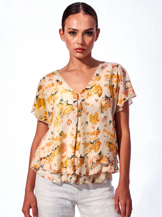 Botanical Reverie Watercolour Floral Tiered Chiffon Blouse - Lemon