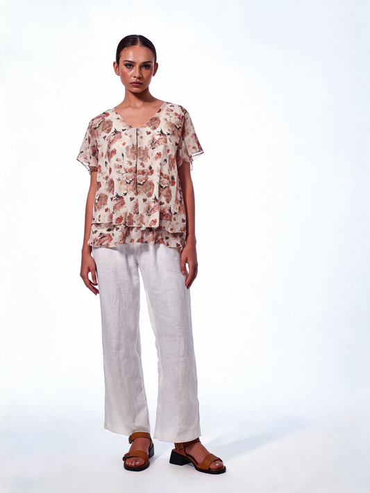 Botanical Reverie Watercolour Floral Tiered Chiffon Blouse - Beige