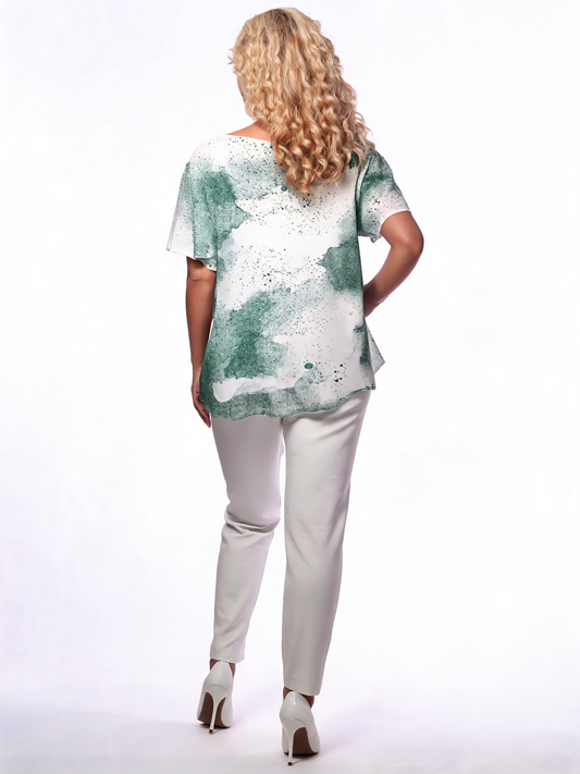 Peacock Feather Print Embellished Top - Green