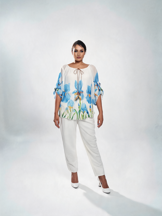 Iris Floral Print Chiffon Batwing Blouse - Sky Blue