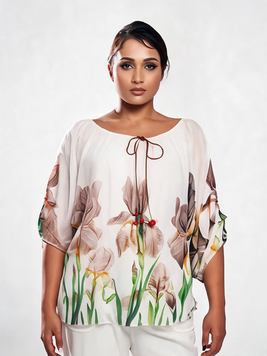 Iris Floral Print Chiffon Batwing Blouse - Beige