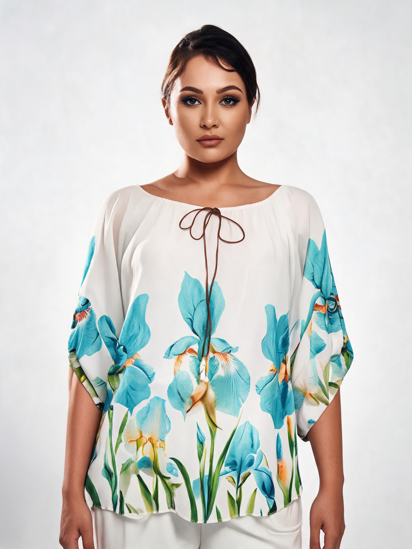 Iris Floral Print Chiffon Batwing Blouse - Mint