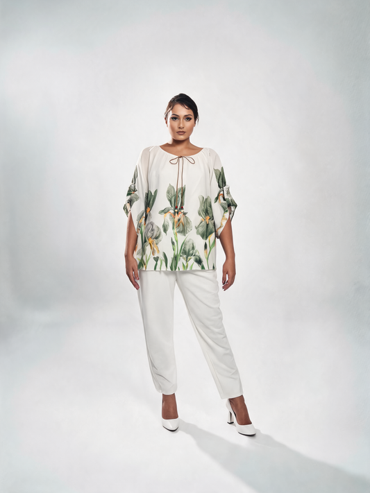 Iris Floral Print Chiffon Batwing Blouse - Khaki