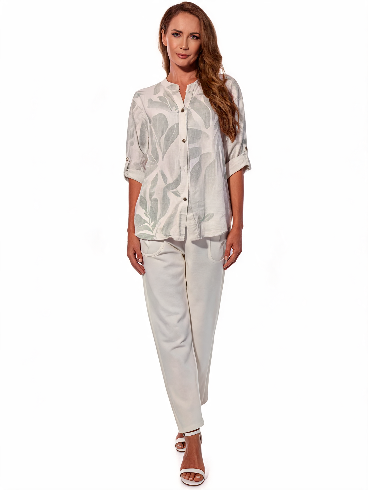 Tropical Leaf Print Button-Up Linen Shirt - White
