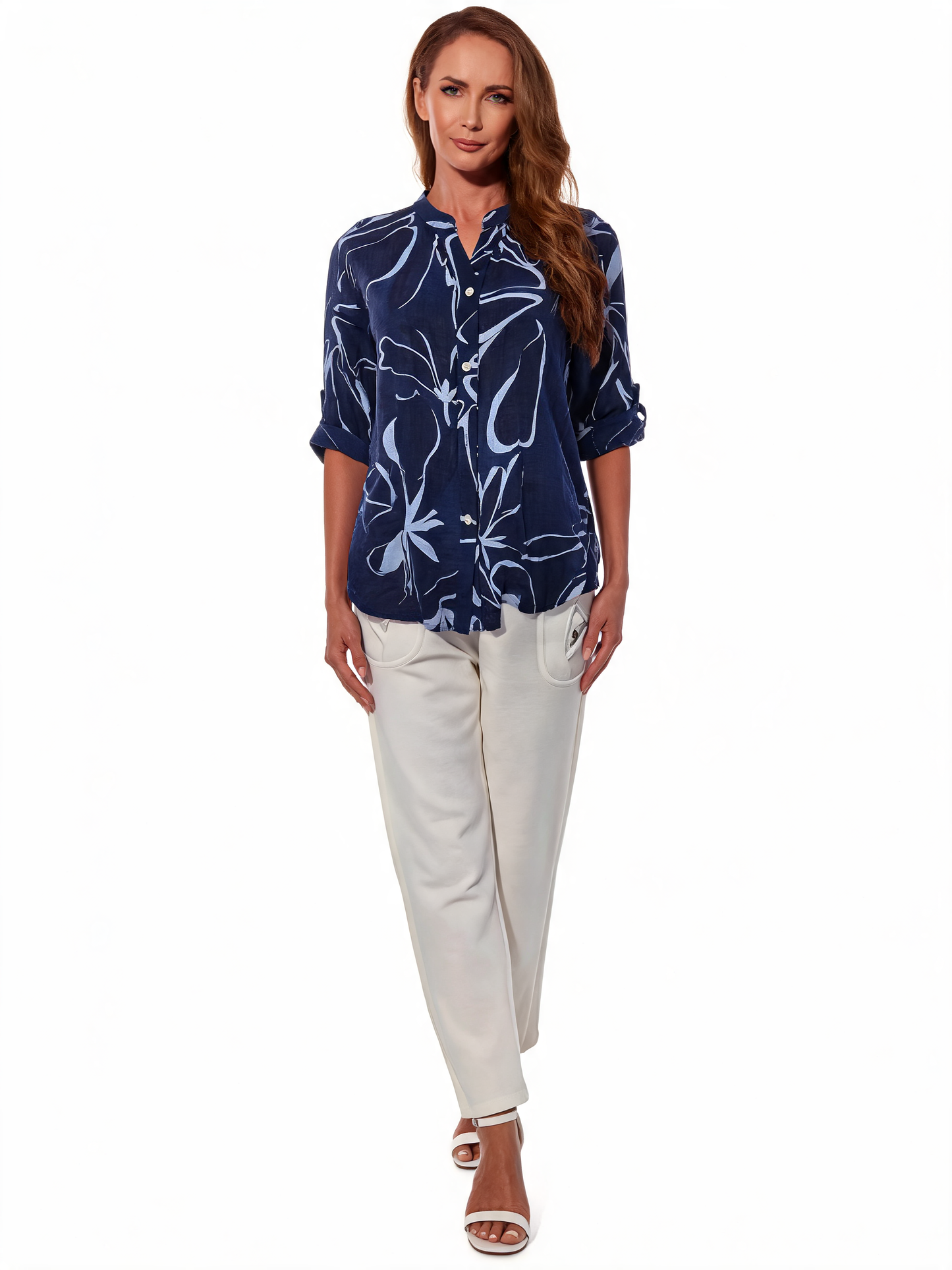 Tropical Leaf Print Button-Up Linen Shirt - Navy