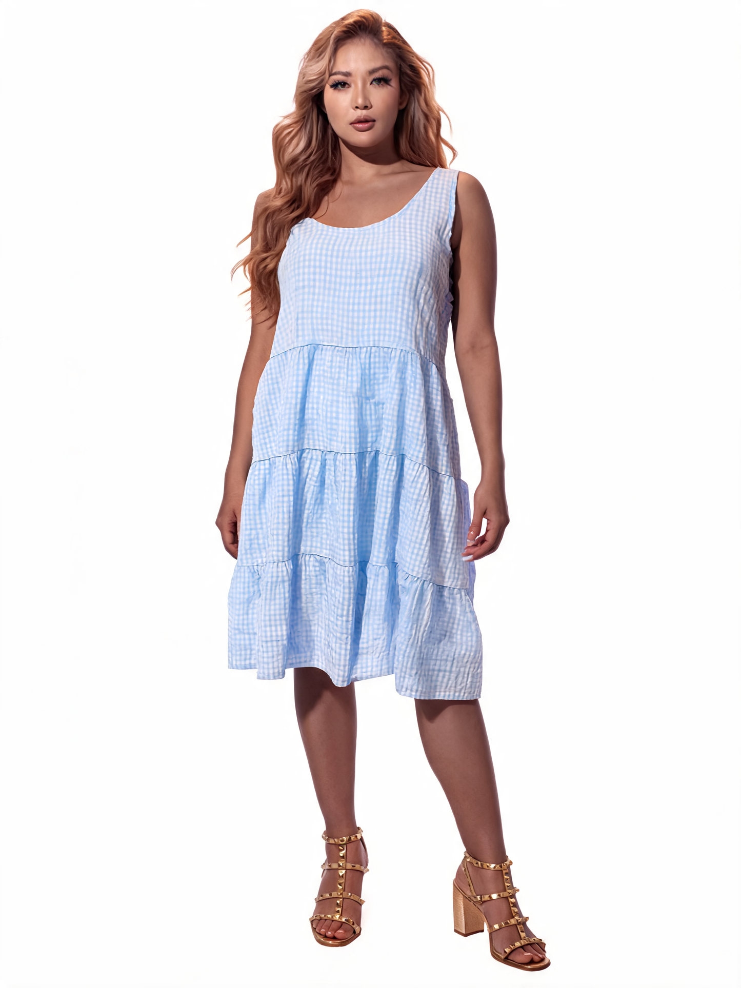Gingham Tiered Sundress - Sky Blue