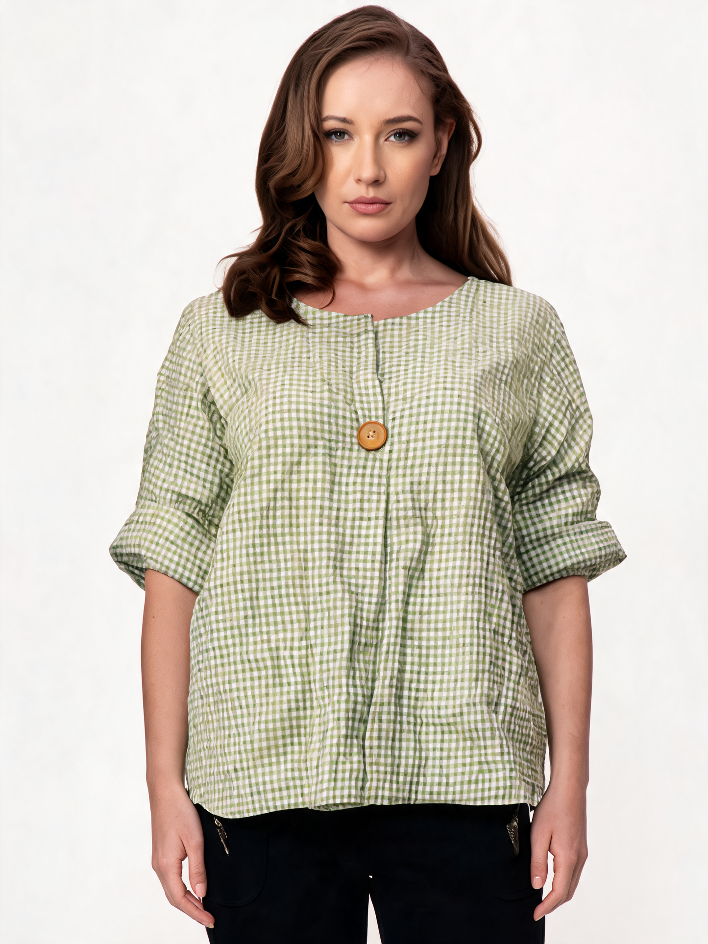 Gingham Check Linen-Look Relaxed Blouse with Statement Button Detail - Khaki
